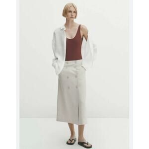 Massimo Dutti Linen Blend Beige Double Buttoned Midi Skirt Size M NWT